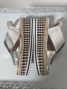 Zara Silver Metallic Platform Espadrille Wedges with Gingham Trim